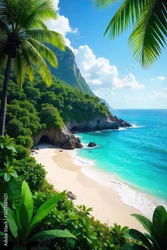 Lush green rainforest meets pristine white sand beach; vibrant foliage contrasts with turquoise ocean waves Perfect for travel, nature, and tropical themes , ecosystem, rainforest beach