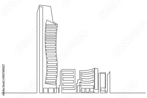 Office building continuous one line drawing minimalist outline vector illustration.High rise office building continuous one line drawing minimal city skyline illustration.Business concept vector.
