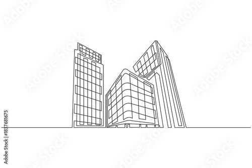 Modern office building skyline continuous one line drawing minimal outline artwork.Contemporary office tower continuous one line drawing elegant minimal vector art illustration.