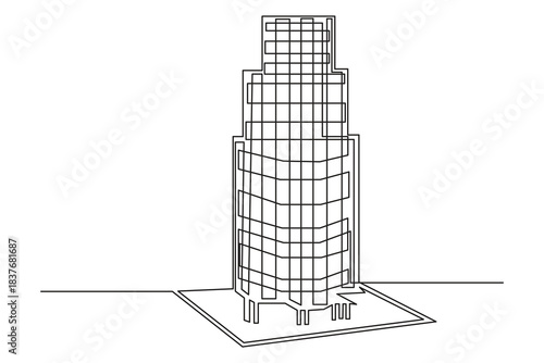 Office building continuous one line drawing minimalist outline vector illustration.High rise office building continuous one line drawing minimal city skyline illustration.Business concept vector.