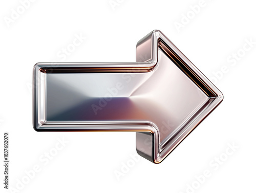 Shiny metallic silver 3D arrow pointing right, isolated on white background, png