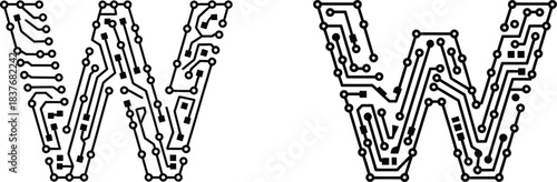 circuit board letter w tech font for futuristic digital technology logos and electronic projects
