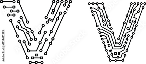 circuit board letter v tech font for futuristic digital technology logos and electronic projects
