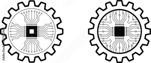 circuit board gear icons set of futuristic tech cogwheels with cpu for industry and engineering designs
