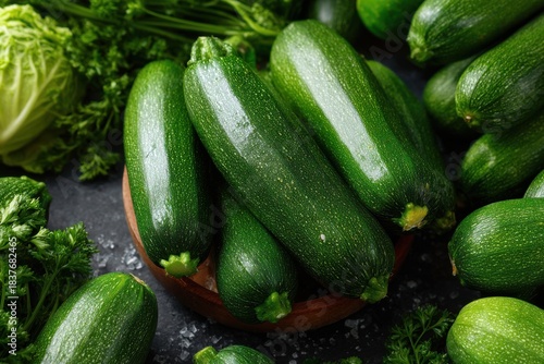 Fresh zucchini and organic produce displayed at a local market showcasing vibrant vegetables during a sunny afternoon in the community