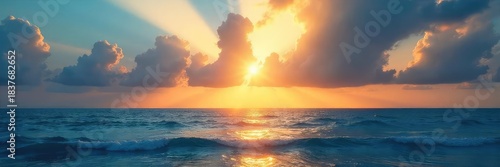 Serene seascape at dawn, sun rays pierce through clouds illuminating the ocean surface, creating a heavenly, ethereal glow Perfect for travel, spirituality, and nature themes , sun rays, peaceful