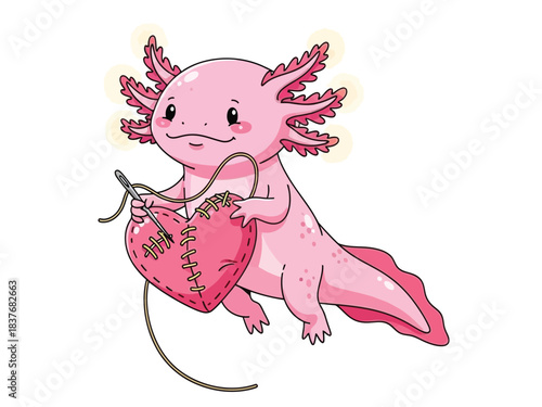 A cute pink axolotl is sewing a pink heart with stitches and thread, symbolizing love and care.