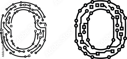 circuit board letter o tech font for futuristic digital technology logos and electronic projects
