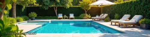 Sparkling blue swimming pool water, sun-drenched patio furniture, and lush green landscaping create the perfect summer oasis Ideal for relaxation and enjoyment , leisure, hotel, calm