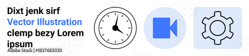Clock icon, blue video camera, and gear symbol representing time management, media functions, and system settings. Ideal for technology, productivity, configuration, multimedia tutorials apps