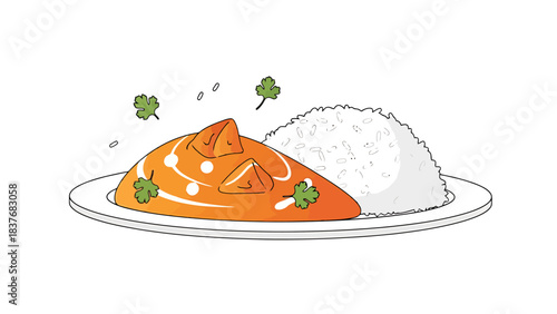 Delicious plate of savory curry with rice garnished with herbs on a clean white dish