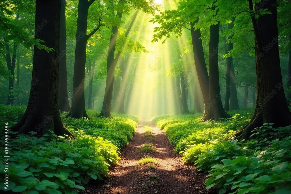 Obraz premium Sun-dappled forest path winds through lush greenery, sunlight filtering through leaves creating a magical atmosphere Perfect for nature, travel, and fantasy themes , magical, texture