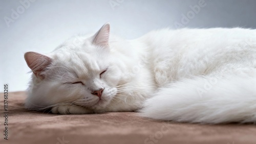 Принти на полотні A white cat sleeping peacefully on a soft surface with closed eyes and relaxed posture