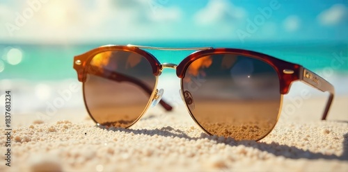 Stylish sunglasses resting on a vibrant summer beach scene, sun reflecting off the lenses Perfect for travel, vacation, and summer fashion themes Enjoy the bright sunny day , white, reflection