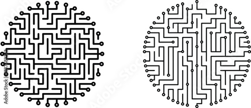 circuit board maze set of circular tech labyrinth patterns for abstract digital designs and icons

