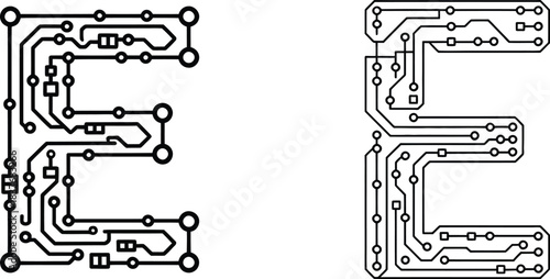 circuit board letter e tech font for futuristic digital technology logos and electronic projects
