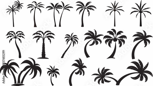 Collection of diverse black silhouette palm tree icons perfect for tropical vacation and summer design projects