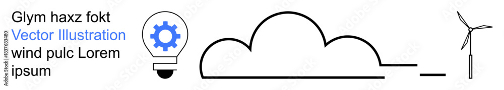 Naklejka premium Renewable energy, eco-technology, sustainable design, green power sources, innovation, environment. Minimalist illustration of a cloud, wind turbine and light bulb with gear. Renewable energy