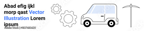 Automotive repair, maintenance services, engineering tools, mechanical systems, vehicle design, transportation concepts. Car alongside gears and a pickaxe. Automotive repair and maintenance