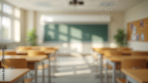  Minimalist classroom frame captures gentle blur over chair table and blackboard interior wallpaper background