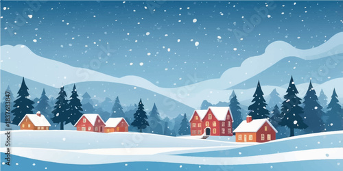 A cozy Christmas winter landscape illustration of a snow-covered village scene with houses and trees under a cold night sky
