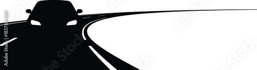 Silhouette of a car driving on a curved road with headlights on, isolated on white background