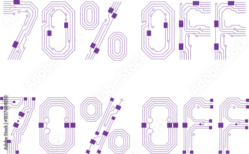 70 percent off tech design, circuit style sale promo graphic, electronic discount vector
