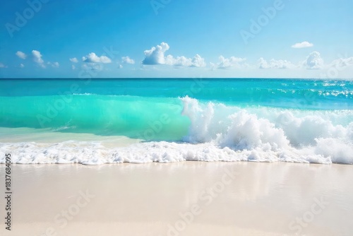Vibrant turquoise ocean waves crashing on a pristine white sand beach, sunny skies overhead Perfect for spring break travel brochures or vacation-themed websites , sand, water