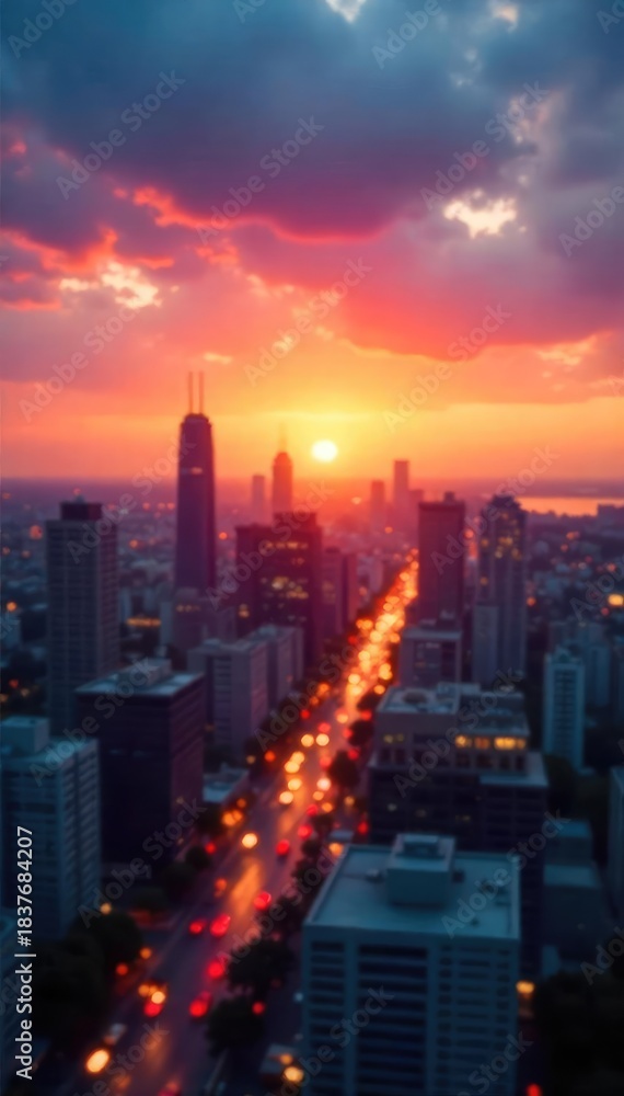 Fototapeta premium A blurred cityscape at sunset, symbolizing the fleeting nature of time and the promise of tomorrow Perfect for themes of opportunity, ambition, and the passage of time , buildings, hope