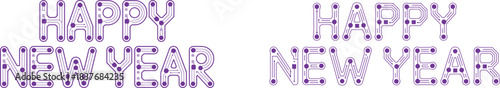 happy new year tech design, circuit style holiday lettering, electronic new year vector graphic
