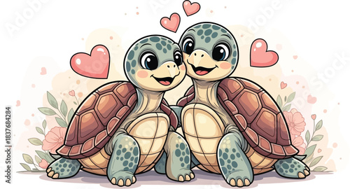 Adorable cartoon turtle couple sharing sweet affection surrounded by soft watercolor hearts