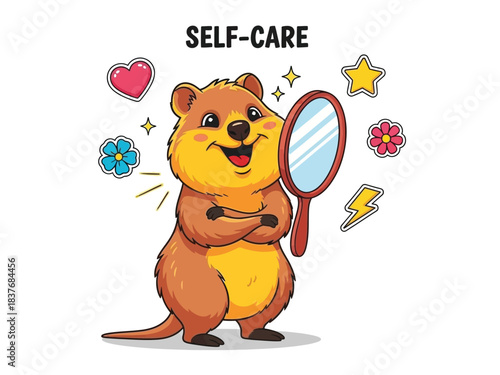 A cute quokka is looking in the mirror with a happy expression, surrounded by sparkling stars, hearts, and flowers, symbolizing self-care and positivity.