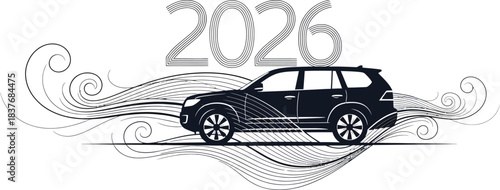 Stylized illustration of a dark suv driving forward with abstract swirling lines and the number 2023 above it, isolated on white