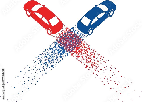 Two cars, red and blue, colliding or crossing paths, creating an x shape with dispersing particles, isolated on white background