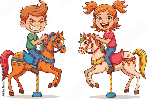 Happy boy and girl riding carousel horses, smiling kids enjoying amusement park ride, fun fairground activity, joyful childhood, playful moment