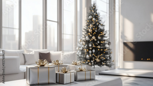 present, christmas, decoration, gift, ribbon, fireplace, room, bow, christmas tree, home, interior, light, celebration, decor, holiday, santa, window, box, season, tree, winter