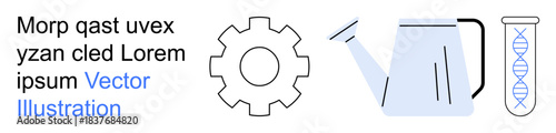 Agriculture, biotechnology, innovation, industrial processes, genetic research, sustainability. Gear, watering can DNA test tube. Agriculture and biotechnology concepts