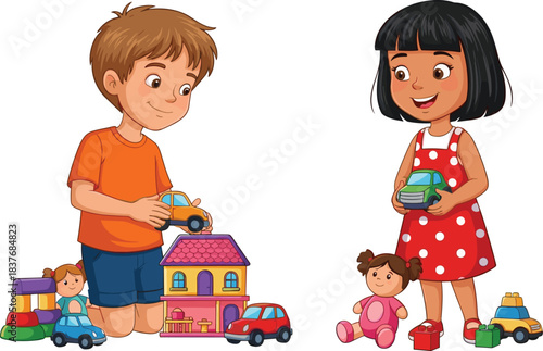Happy cartoon boy and girl playing with toy cars, dolls, blocks, and house, fun indoor playtime, childhood activity illustration