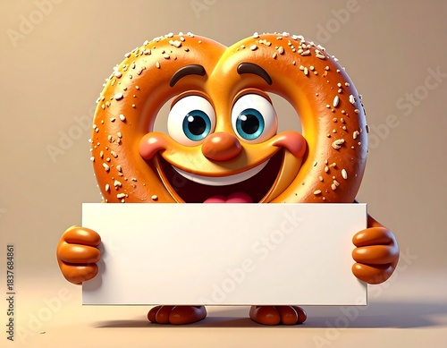 Animated pretzel character happily holding a blank sign (1)