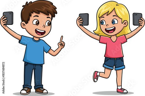 Happy cartoon boy and girl taking selfies with smartphones, smiling kids, social media fun, digital photography, cheerful children, playful moment
