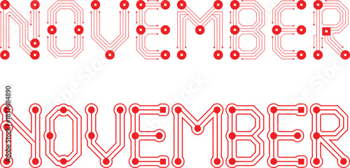 November tech themed month, circuit style lettering for autumn design, digital november vector art
