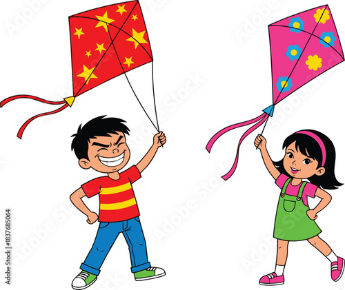 Happy cartoon kids flying colorful kites, boy with red star kite, girl with pink flower kite, playful outdoor activity, joyful children fun