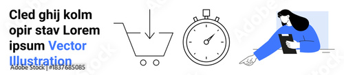E-commerce, time management, retail, online shopping, digital services, customer interaction. Shopping cart, stopwatch and person holding a clipboard. E-commerce and time management concept