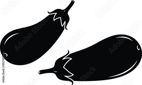 Two black eggplant illustrations on transparent background silhouette