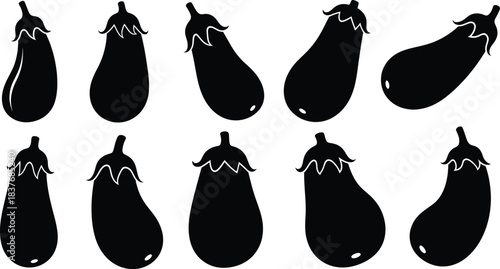 Collection of black eggplant silhouettes on transparent background