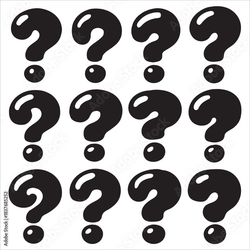 Set of Twelve Glossy Question Mark Icons: Black Vector Symbols for Query, Help, Mystery, and FAQ