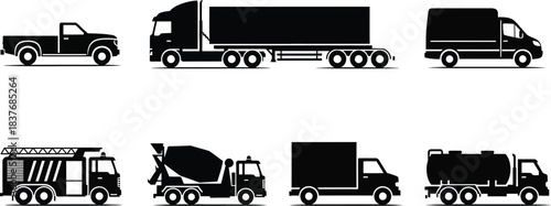 Various commercial vehicles in black silhouette on transparent background