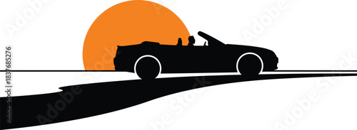 Silhouette of a black convertible sports car driving towards an orange sunset isolated on white background