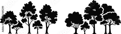 Black tree silhouettes collection forest scene natural elements on transparent background
