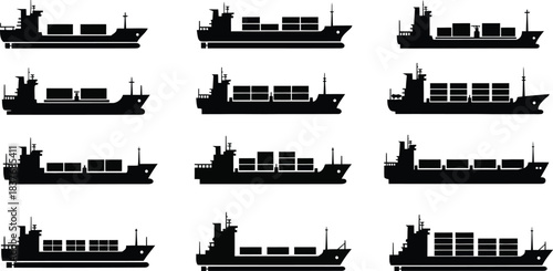 Collection of cargo ship silhouettes on transparent background